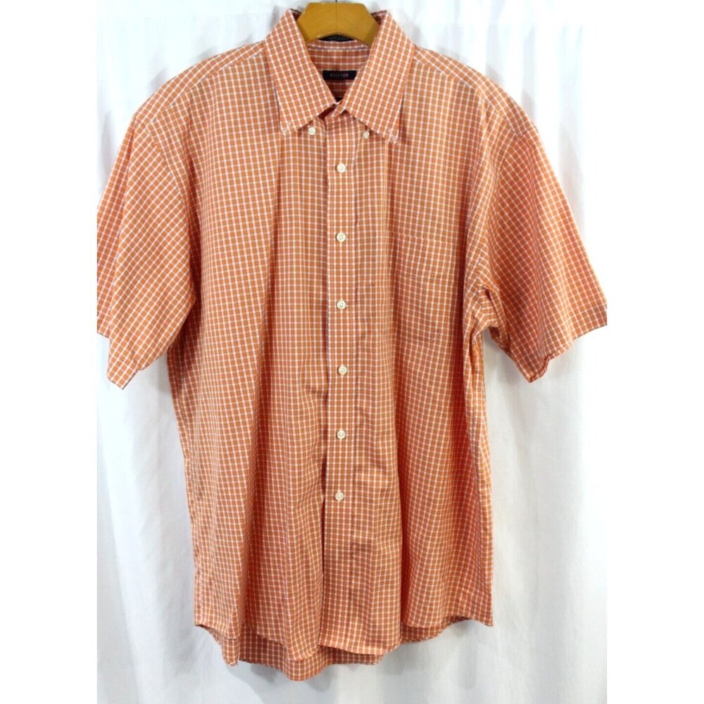 Overton Mens Orange Check Cotton Wrinkle Free Short Sleeve Button Down L
